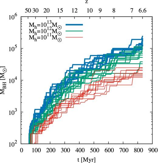 Growth history for Pop III stellar remnant BHs that gain mass via galaxy mergers. Here we show 10 random realizations for each halo mass of 1011 M⊙ (red), 1012 M⊙ (green), and 1013 M⊙ (blue). The BHs can reach final masses of 104–105 M⊙ by z = 6.6.