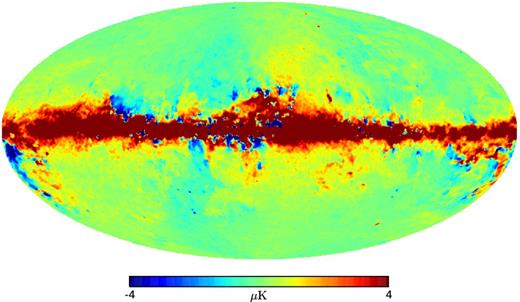 Template map of Q AME component, as derived from the total intensity AME and the thermal dust polarization maps from Planck Collaboration X (2015). This map has 1° resolution, a reference frequency of 23 GHz and assumed a polarization fraction of 0.01.