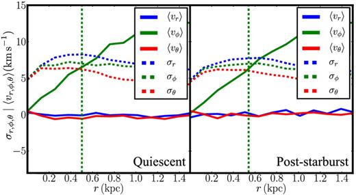 The radial (blue) and angular (green, ϕ; red, θ) components of the stellar velocity dispersion in spherical polar coordinates (σr, ϕ, θ; dashed lines) and the mean streaming velocity in these coordinates (〈vr, ϕ, θ〉; solid lines), as indicated in the legend, for our M200 = 109 M⊙ mock in quiescence (left) and post-starburst (right). The vertical green dashed line marks the projected half stellar mass radius R1/2 in both cases.
