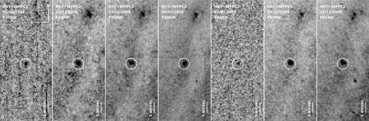 Subsections of HST WFPC2 images taken between 2008 and 2009 from F336W (first panel on the left) to F814W (last panel on the right) filters. The positions of the source at the position of SN 2015bh are indicated by a 5σ positional uncertainty circle (0.05 arcsec).
