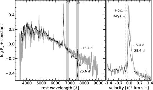 Superposition of the 2015 May 08.90 UTC (−15.4 d) and 2015 June 18.90 UTC (25.6 d) spectra of SN 2015bh. The right-hand panel shows a zoom of the Hα profiles.