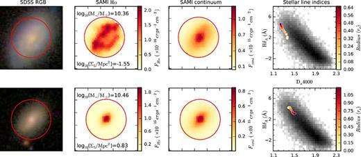 Examples of the relationship between the star formation morphology of a galaxy and the inferred age gradients in the underlying stellar populations. Each row shows (from left to right) the SDSS image, the SAMI Hα map, the SAMI continuum map and the radial distribution of the Dn4000 strength and the emission-subtracted Hδ absorption equivalent width index. The red circles in the three left-hand columns are 15 arcsec in diameter, encircling the SAMI field of view, and each box is 25 arcsec in width and height. In the final column, the grey scale background traces the distribution of Dn4000 and HδA for a large sample of galaxies from the SDSS (Kauffmann et al. 2003c). The coloured points are measured values from the SAMI data cube, with yellow points extracted from the centre of the galaxy and red points from towards the edge. The upper row shows a galaxy (GAMA 41144) with an extended Hα morphology and an older stellar population in the centre, as evidenced by the higher Dn4000 and lower HδA. The lower row presents a system (GAMA 492384) from a more dense environment with a concentrated star formation morphology and older stellar populations towards the edge of the galaxy disc.