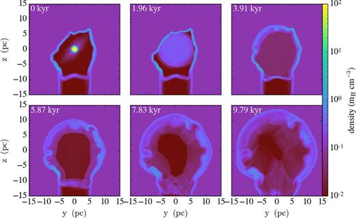Evolution of the SNR for Model B. The yz slices of the mass density at x = 0 for different integration times after the supernova explosion are shown.