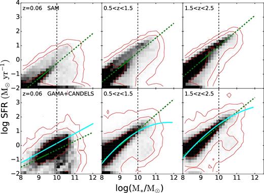 The distribution of model (top) and observed (bottom) galaxies with stellar mass >108 M⊙ in the plane of SFR versus stellar mass in the redshift bins z ∼ 0.06 (left panels), 0.5 < z < 1.5 (middle panels), and 1.5 < z < 2.5 (right panels). The grey-scale indicates population density with contours overlaid in red. The green lines show our fits to the main sequence of star formation, which are based on the mass range 109 to 109.5 M⊙ (solid green) and extrapolated to higher and lower masses (dashed green). The cyan lines indicate the main-sequence fits found in Whitaker et al. (2012) (lowest redshift bin) and Whitaker et al. (2014) (two higher redshift bins). The fits in Whitaker et al. (2014) are for smaller redshift bins, so we averaged the coefficients of the fits that fell within our larger bins. We see, as mentioned above, where the main-sequence slope becomes more shallow at higher stellar mass. The dashed black lines show the stellar mass cut we use for the rest of this work. We note that the normalization and slope of the SFMS are slightly different in the models and in the observations, which is why we fit them separately. In addition, we note that the distributions of SFR for quiescent galaxies are quite different in the models and observations. We discuss this further in the main text.