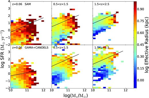 Distribution of log median effective radius in the SFR–M* plane for (top) model galaxies and (bottom) observed galaxies in three redshift bins. The black lines indicate the SFMS fits. The agreement between model and observations is qualitatively quite good, although at low redshift, our model produces galaxies that are too large.