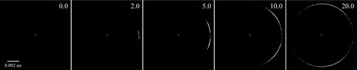 Spreading of stripped particles around the white dwarf (located at the centre) for the mantle disruption in Fig. 6 (simulation RandDiff19). The disrupting rubble pile is at the same position in each panel, centre-right. Rubble pile particles have been inflated to enhance their visibility. An animation accompanying this figure is available online.