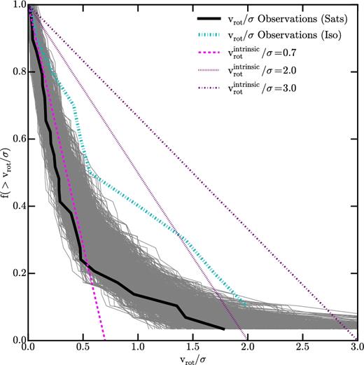 Distribution of measured vrot/σ on the sky if all galaxies are assumed to have an intrinsic vrot/σ value of 0.7 (dashed magenta line), 2.0 (dotted magenta line), or 3.0 (thin dash-dotted magenta), but are viewed with a random inclination. The thick solid black (thick dash-dotted cyan) line shows the distribution of estimated median vrot/σ values for the satellites (isolated dwarfs) in our sample. The error in the satellite distribution is illustrated with 1000 thin grey lines, each consisting of points drawn randomly from Gaussian distributions with parameters taken from the estimated values for each of the 29 dSphs in our sample. For clarity, the error is not shown for the distribution of isolated galaxies, but has a wider spread than the lines for the satellite population. The isolated distribution is distinct from the satellite distribution, and more closely tracks $v^{{\rm intrinsic}}_{{\rm rot}} / \sigma \sim 1\text{--}2$. However, it is clear that the $v^{{\rm intrinsic}}_{{\rm rot}} / \sigma$ values for the isolated galaxies are much less than 3, the commonly used value in tidal stirring simulations.