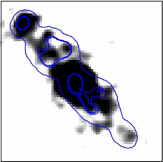 Contours of the H2 (1–0) S(1) line, overlaid on the Brγ image of K 4-47 (not continuum-subtracted). The box size is 9 × 9 arcsec2. North is up and east is to the left.