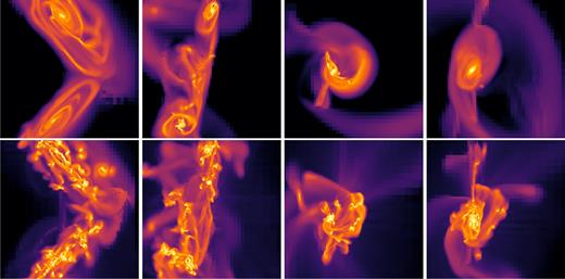 Mass-weighted mean gas density map of the gas-poor (top panel) and gas-rich (bottom panel) simulations for the direct–direct interaction orbit #1 at different times from the first pericentre : −60, 105, 370, and 560 Myr from left to right. The maps span an area of 30 kpc × 30 kpc. The colour scale is the same as in Fig. 1.