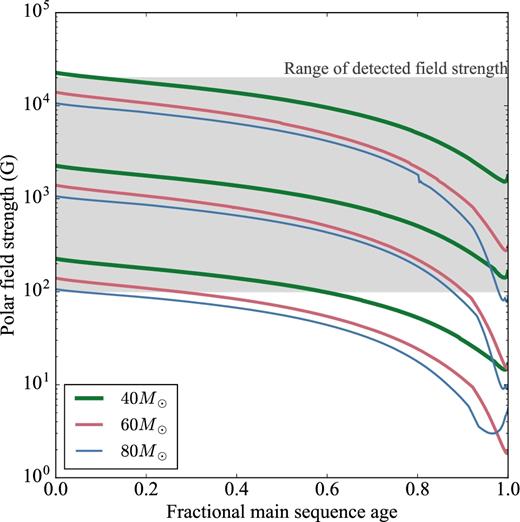 Evolution of the surface dipolar field strength as a function of fractional MS age. The grey zone illustrates the range of measured field strengths for known magnetic O-type stars. Each vertical group of curves correspond to a single value of magnetic flux – the larger initial radius for larger masses leads to a lower initial surface field strength.