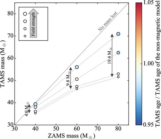 Mass at the TAMS as a function of the initial mass at the ZAMS. The initial field strength increases with increased symbol size. The points are coloured according to the MS lifetime of the model as compared to the non-magnetic model of the same initial mass. The vertical arrows indicate the numerical value of the difference in TAMS stellar mass between the most magnetic and non-magnetic models.