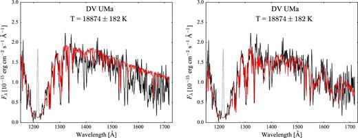 HST/STIS spectrum (black) of DV UMa along with the best model (red) assuming a constant second component, with (right) and without (left) absorption from two slabs with different temperatures. The geocoronal emission line of Ly α (1216 Å) is plotted in grey.