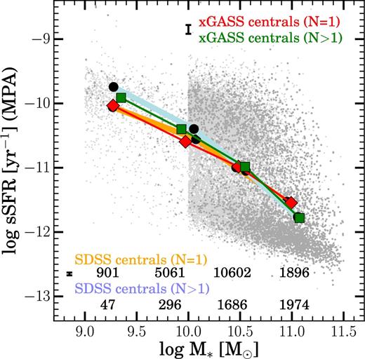 Average values of sSFR (from the MPA/JHU catalogue) are shown in bins of stellar mass for central galaxies. Relations from our sample are shown with thin lines as in Fig. 5. The SDSS central galaxies are shown as light grey (isolated) and dark grey (group) points, their average relations are shown as thick shaded lines and the number of galaxies in each bin are shown at the bottom. Heavy black error bars show the typical values of the standard error of the mean for each sample. The relations from the large comparison sample are in agreement with those from our sample, and again, the low-mass group central galaxies show larger sSFRs compared with those in isolation.