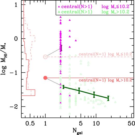 H i gas fraction as a function of Ngal for central galaxies. Isolated central galaxies (N = 1) are shown as red histograms against the y-axis in dashed (low-mass) and solid (high-mass) lines. Their average H i gas fractions are shown as open points and horizontal lines for comparison. Group central galaxies (N > 1) are shown as filled magenta triangles (low-mass) and open green triangles (high-mass), and average trends are shown with connected points. A dotted black line connects the relations between isolated and group environments. The trend among high-mass group centrals seems to smoothly continue up to the value of the isolated centrals. However, the low-mass group centrals are more H i-rich than comparable isolated galaxies.