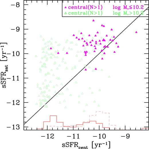 The x-axis encodes the sSFR of each group central galaxy in our sample and the y-axis shows the sSFR of its brightest satellite galaxy, which is not part of the xGASS sample. The same colour-coding is used as in Fig. 7 for high- and low-mass group central galaxies. Also shown on the x-axis are histograms of the isolated central galaxy population at low and high masses. The satellites of the group central galaxies in our sample typically have higher sSFRs than their host centrals, and this is especially the case for the low-mass group central galaxies (shown in purple).