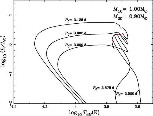 Evolutionary tracks on the Hertzsprung–Russel diagram for binaries with the same initial component masses (M10, M20) but various initial orbital periods (P0), as denoted in the figure. It clearly shows the bifurcation period in binary evolution: for initial orbital period P0 less than the bifurcation period Pb (Pb ≃ 3 d in this case) the mass donor evolves directly to very low luminosity, and for P0 slightly greater than Pb the evolution can produce a long-lived phase of evolution at nearly constant luminosity (proto-He WD phase).