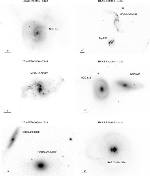 Fields around IRAS F00085−1223 (HSTF435W; 5 arcsec ≃ 1.9 kpc), IRAS F00163−1039 (HSTF435W; 10 arcsec ≃ 5.9 kpc), IRAS F00506+7248 (HSTF110W; 2 arcsec ≃ 0.7 kpc), IRAS F02069−1022 (SDSS r band; 15 arcsec ≃ 4.2 kpc), IRAS F05054+1718 (UKIDSS K band; 15 arcsec ≃ 5.7 kpc), IRAS F05189−2524 (HSTF435W; 2 arcsec ≃ 1.8 kpc). In all images, north is to the top and east is to the left.