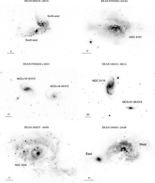 Fields around IRAS 08572+3915 (HSTF435W; 3 arcsec ≃ 3.8 kpc), IRAS F09320+6134 (HSTF435W; 5 arcsec ≃ 4.1 kpc), IRAS F09333+4841 (SDSS r band; 15 arcsec ≃ 8.0 kpc), IRAS F10015−0614 (Spitzer/IRAC 3.6 μm; 20 arcsec ≃ 6.9 kpc), IRAS 10257−4339 (HSTF814W; 3 arcsec ≃ 0.6 kpc), and IRAS 10565+2448 (HSTF435W; 3 arcsec ≃ 2.7 kpc). In all images, north is to the top and east is to the left.