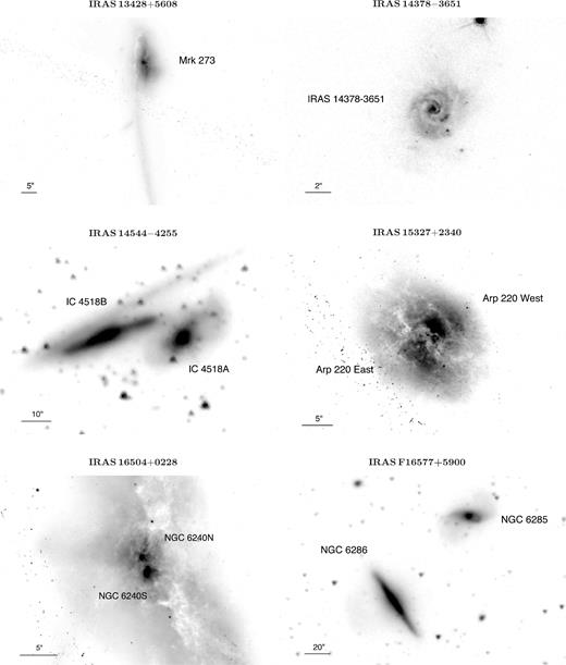 Fields around IRAS 13428+5608 (HSTF814W; 5 arcsec ≃ 3.9 kpc), IRAS 14378−3651 (HSTF435W; 2 arcsec ≃ 2.9 kpc), IRAS 14544−4255 (Spitzer/IRAC 3.6 μm; 10 arcsec ≃ 3.3 kpc), IRAS 15327+2340 (HSTF814W; 5 arcsec ≃ 2 kpc), IRAS 16504+0228 (HSTF814W; 5 arcsec ≃ 2.5 kpc), IRAS F16577+5900 (Spitzer/IRAC 3.6 μm; 20 arcsec ≃ 7.9 kpc). In all images, north is to the top and east is to the left.