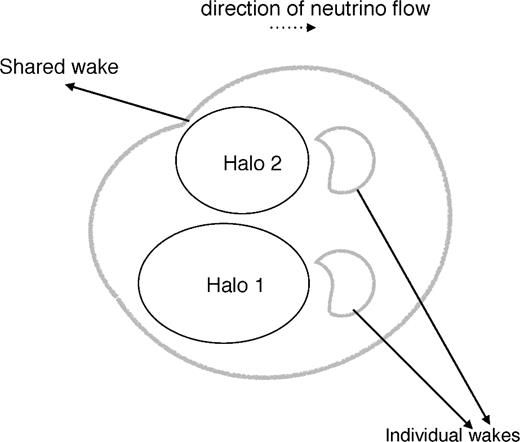 A sketch of the effect of shared wakes on the displacement of two haloes.