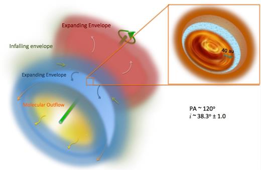 Illustration showing the different dynamical and flux components traced by 12CO, 13CO and C18O of V883 Ori. The outflows are coloured with red to illustrate the redshifted emission, while blue illustrates the blueshifted emission. Envelope material close to and accreting on to the disc is coloured with green and its infalling motion is indicated by the small green arrows. The green line with a position angle of ∼120° depicts the rotation axis of the entire system. The inset shows a Keplerian disc probed by the C18O emission, where a water snow-line at ∼40 au reported by Cieza et al. (2016) is represented by the brown–blue gradient colour. Outwards of the snow line, grain growth is accelerated by the high coagulation efficiency of ice-covered grains.