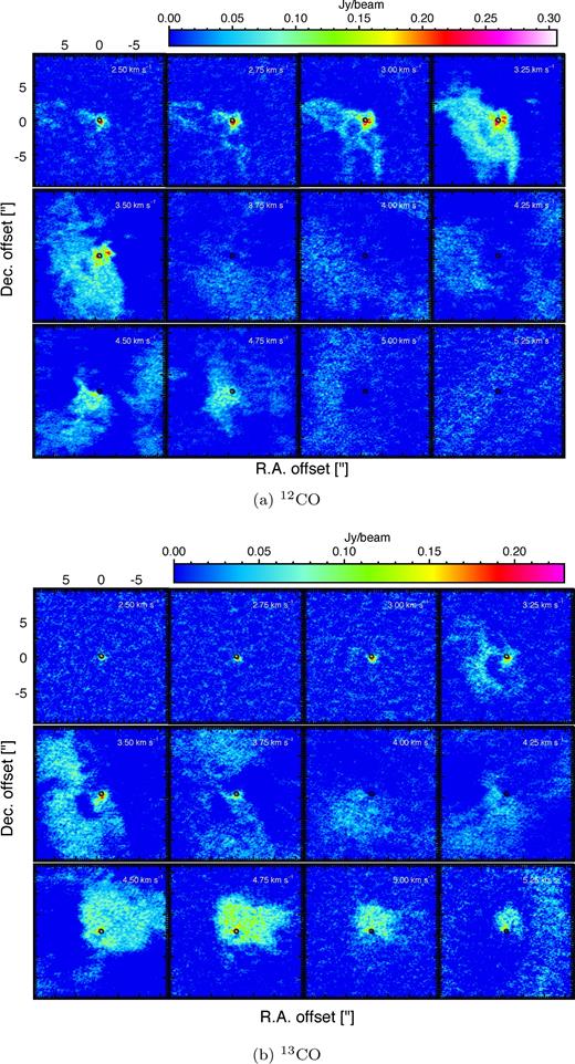 Channel maps of the 12CO and 13CO. LSR velocities are shown at the top-right corner of each panel with a systemic velocity of ∼4.3 km s−1. Black contours represent the continuum emission around V883 Ori as shown in Fig. 2(a).