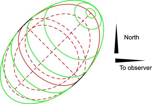 Schematic view of the SiO distribution used for velocity modelling. Red lines show the poles and equator of the outer and inner ellipsoids, and the green lines indicate the SiO-rich region