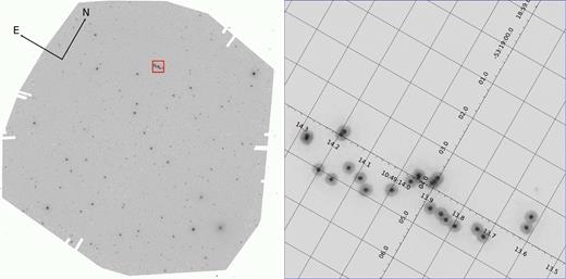 Left: the region surrounding Luhman 16 AB, as monitored by HST. It has dimensions of about 160″ × 160″ and is the sum of the stacks in WFC3/UVIS/F814W obtained for each of the 12 individual visits considered in this work. Right: zoom-in of the same image in the portion highlighted by a red square. It has a size of 7″ × 7″ and shows the complete pattern in the sky of Luhman 16 A and B during the period monitored by our HST observations. The orientation is the one of the master frame, while a fine grid (1″) gives equatorial coordinates.