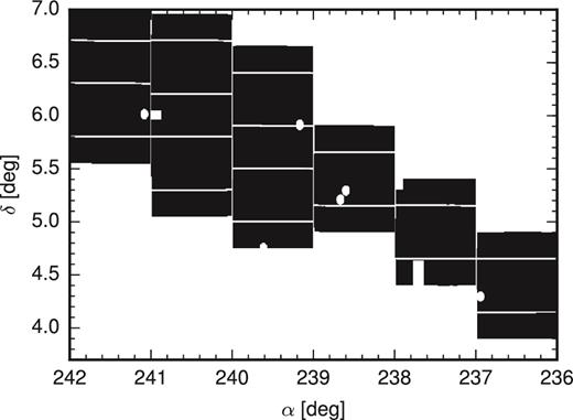 A portion of the footprint derived for the CFHT data set presented in Ibata et al. (2016). The footprint shows noticeable gaps between the CCD chips as well as holes due to masked bright stars.