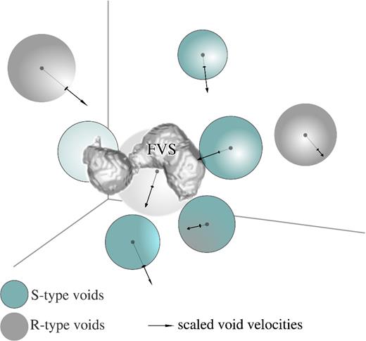 A visualization of a group of void–FVS pairs, including all the voids (represented as spheres) that have the FVS (in the centre of the figure) as their closest one. Arrows are scaled representations of the void velocity vector, with dotted segments located inside or behind voids. This example corresponds to a subset of data from the simulation. Other FVSs and voids in the neighbourhood are not shown for simplicity. Darker spheres represent R-type voids and delineated spheres represent S-type voids. The latest are typically closer and moving towards the FVS.