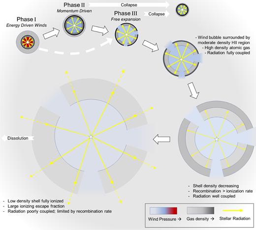 Overview of the shell evolution from the initial adiabatic phase to recollapse or dissolution.