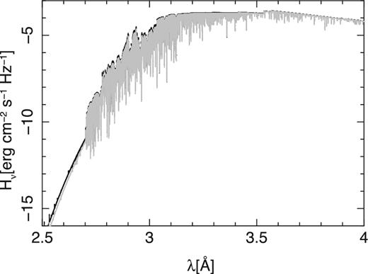 Non-LTE flux distribution from the extreme-UV to the near-IR as based on sterne3 (black) and atlas12 atmospheres (grey).