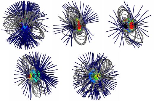 The extrapolated magnetic field of HD189733 for 2013 June–July (top left), 2013 August (top middle), 2013 September (top right), 2014 September (bottom left) and 2015 July (bottom right). White lines correspond to the closed magnetic lines, blue ones to the open field lines (reaching the source surface). The star is shown at the same rotational phase (0.5) to better visualize the differences in magnetic field topology at each observing epoch. The star is viewed almost equator on (∼5°) the inclination of the system on the sky (as seen from Earth).