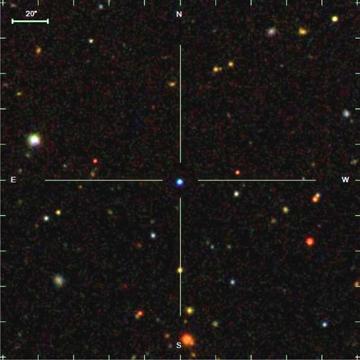 SDSS image of WD 1202-024 showing the 19th magnitude white dwarf well isolated from neighbouring stars of comparable brightness.