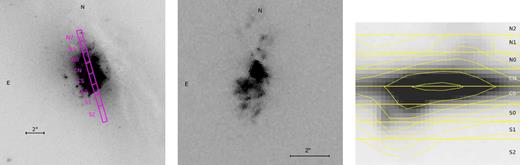 Left: image of the Seyfert galaxy NGC 7212 taken with the F606W filter of the WFPC2 of the HST. In purple are shown the position of the slit and the regions from which we extracted the one-dimensional spectra. Centre: image taken with the FR533N filter of the WFPC2. The images were recovered from the HLA. Right: two-dimensional spectrum of the H α region with contours. The figure also shows the division of the spectrum in regions.