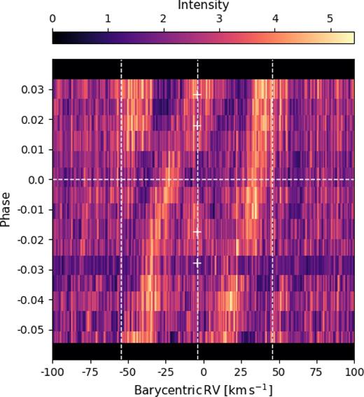 The spectral profiles through transit after removing the planet shadow via Fourier filtering. The stellar pulsations are seen moving in a prograde direction.