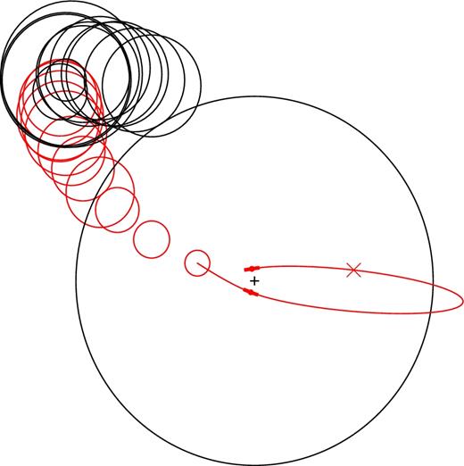 Trajectory and size of a small halo that becomes a subhalo of a larger one and eventually merges with it. Before the halo finder identifies the small halo as a subhalo, its virial radii are shown as small black circles. Their overlapping demonstrates how good the time resolution of our merger trees is. Once the halo finder identifies it as a subhalo (this occurs several time-steps before the subhalo enters the virial radius of the host halo, shown by the large black circle, the sizes of the tidal radii are shown as red circles, the smallest of which denotes the subhalo's last detection in the N-body simulation. The subhalo then becomes a ghost subhalo and its orbit (solid red line) is followed analytically, solving equation (4) in conjunction with equations (5) and (3). The two small red filled circles correspond to the first and the second pericentric passage of the ghost subhalo since the time of last detection. The red cross indicates the position of the subhalo when the dynamical-friction countdown timer comes to zero. The black plus sign denotes the centre of mass of the host system. The thick part of the solid line shows the part of the orbit around the pericentre along which the tides are supposed to act on the stars in the impulsive approximation.