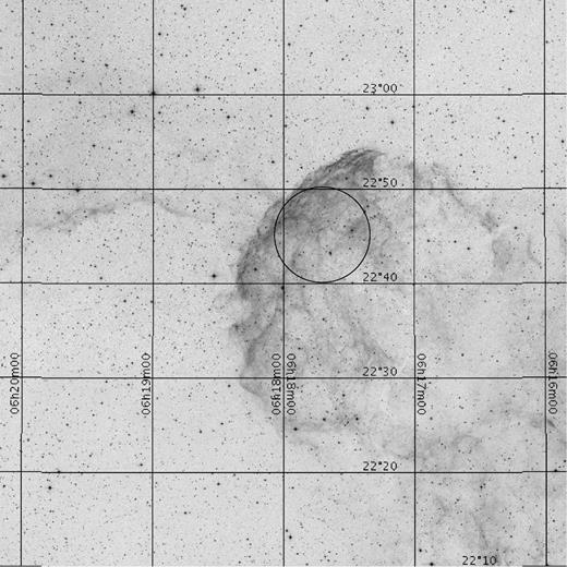 Optical image obtained from the Sky View Virtual Observatory (DSS- Digitized Sky Survey) of the entire SNR IC 443 covering a field of view of 1° × 1°. The region studied in this work is marked by a circle. North is up and east is to the left. The coordinates (α, δ) are in J2000.