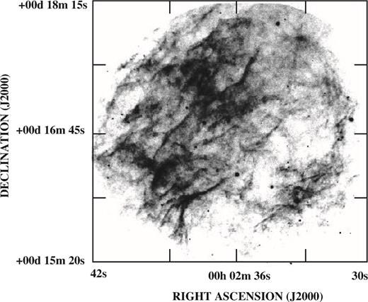 H α image obtained with the PUMA instrument of the north-east region of SNR IC 443, covering a field of view of 10 arcmin × 10 arcmin. This zone corresponds to the region indicated in Fig. 1 with a circle. North is up and east is to the left.