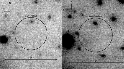Zoom of the CXO J164710.2−455216 field around its Chandra position taken in the KS-band at two different epochs. Left: 2006 June, right: 2013 August. The circle is drawn at the Chandra position of CXO J164710.2−455216 and has a radius equal to the overall 90 per cent confidence level position uncertainty (0.61 arcsec).