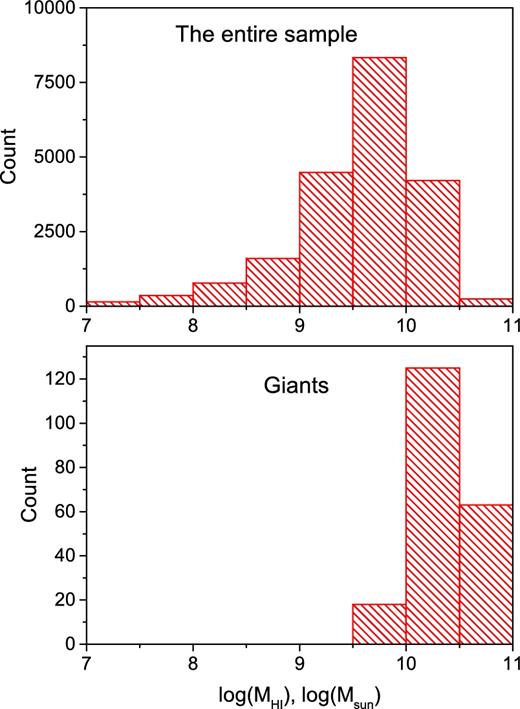 The histograms for the H i mass of the entire sample (upper panel) and giant discy galaxies (bottom panel). The bins are the same for both histograms.