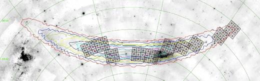 Footprints of the VST r-band observations over the contours of the initially distributed cWB localization map of GW150914. Each square represents the VST Observing Block of 3 × 3 deg2. The lines represent the enclosed probabilities from a 90 per cent confidence level to a 10 per cent confidence level in steps of 10 per cent. The probability region localized in the Northern hemisphere is not shown. The 10 tiles enclose a localization probability of ∼29 per cent. DSS–red image is shown in the background. An interactive skymap can be found in https://www.grawita.inaf.it/highlights/.
