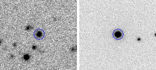 Left: the SN candidate OGLE-2014-SN-094 observed on 2015 Nov 11. Right: the SN IIn SN 2015J at z ∼ 0.0054 observed on 2015 Sept 15. The blue annuli represent the position identified by our pipelines.
