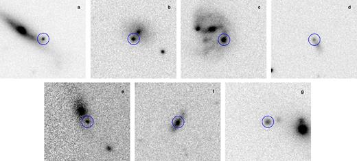 SN candidates identified in our survey after GW150914. (a) VSTJ54.55560-57.56763 observed on 2015 Sept 17. (b) VSTJ56.28055-57.91392 observed on 2015 Oct 13. (c) VSTJ57.77559-59.13990 observed on 2015 Sept 18. The galaxy is at redshift z ∼ 0.11. (d) VSTJ60.54735-59.91899 observed on 2015 Sept 30. (e) VSTJ61.20106-59.98816 observed on 2015 Sept 30. (f) VSTJ69.55986-64.47089 observed on 2015 Sept 17. (g) VSTJ119.64244-66.71264 observed on 2015 Oct 13. In all images, the showed field sizes are 30×30 arcsec, North is up and East to the left. The blue annuli represent the position identified by our pipelines.