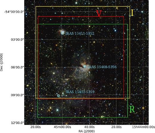 Combined RGB image from the J, H and Ks VVV images centred on RCW 95 H ii region. The coloured boxes indicate the polarization survey areas related to different spectral bands. The V optical band covers an area of 9.0 arcmin × 8.6 arcmin (red box), the R optical band covers an area of 9.6 arcmin × 10.0 arcmin (green box) and the I optical band covers an area of 10 arcmin × 10 arcmin (yellow box). Three IRAS sources in the field are indicated in light blue.