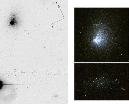HST/ACS combined distortion-corrected mosaic image of the LV J1157+5638 field in the F606W filter (left-hand panel). The image size is 1.2 × 1.8 arcmin. Enlarged combined F606W + F814W images of LV J1157+5638 and the new dwarf satellite are shown at the right-hand panel.