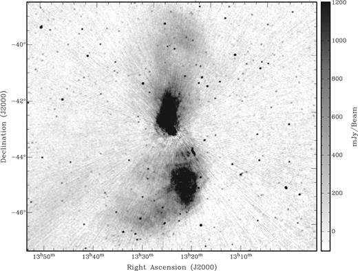 Cen A at 154 MHz with the Murchison Widefield Array. The image is shown on a linear scale between −0.1 and 1.2 Jy beam−1 and has an angular resolution of 3 arcmin.