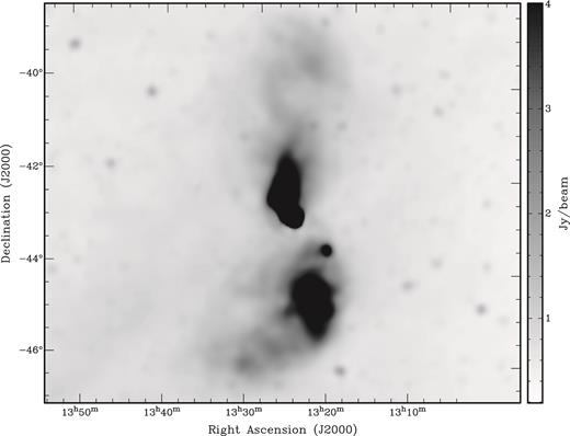Cen A at 2307 MHz with the Parkes radio telescope. The image is shown on a linear scale between 0.2 and 4 Jy beam−1 and has an angular resolution of 11 arcmin.