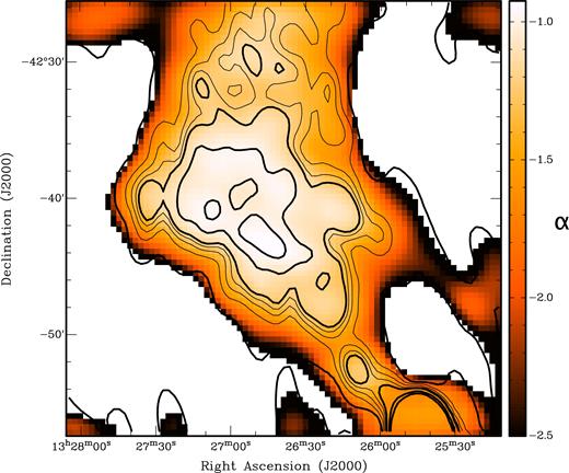 Spectral index map of the Cen A NML between 154 MHz and 1.4 GHz. Contours are from the 1.4 GHz image of Morganti et al. (1999) at 0, 0.025, 0.05, 0.075, 0.1, 0.2, 0.3 Jy beam−1. A colour version of this figure is available in the online article.