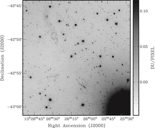 H α (λ = 6563 Å) image obtained with MMTF showing the optical filaments in the northern transition region of Cen A.